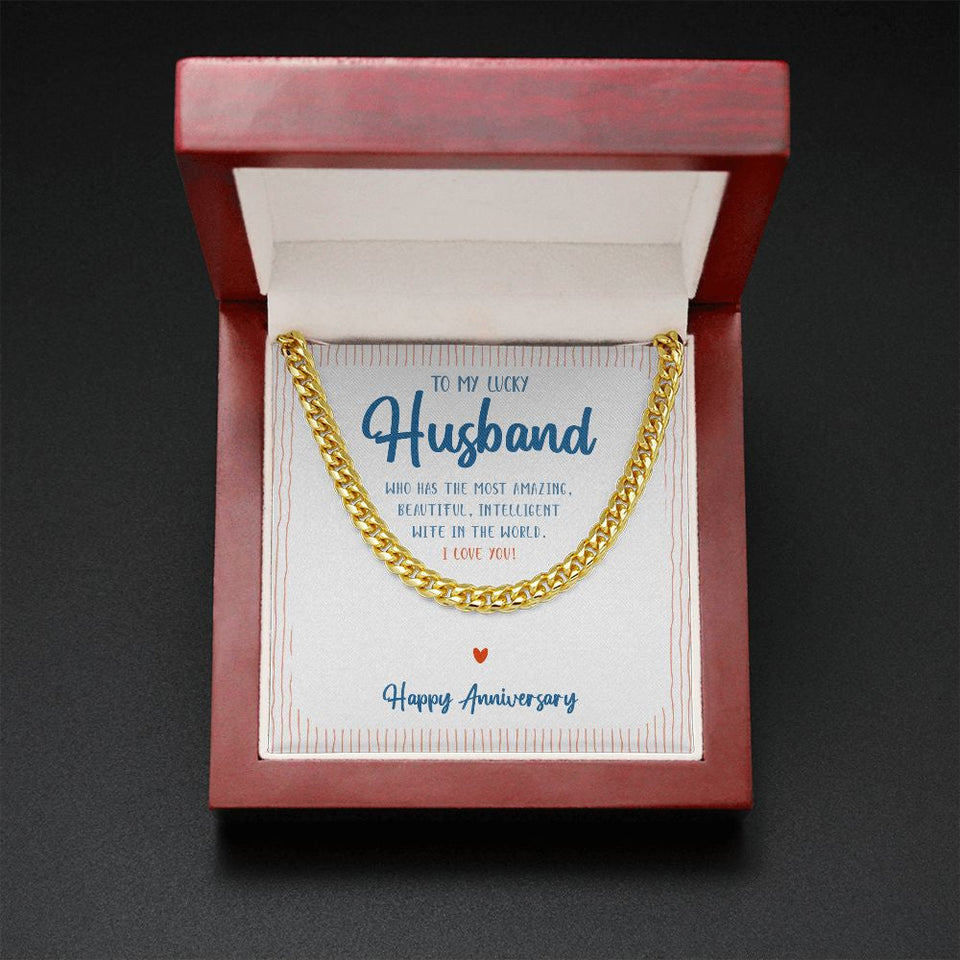 "Who Has the Most" Lucky Husband Wedding Anniversary Necklace Gift From Wife Cuban Link Chain Jewelry Box