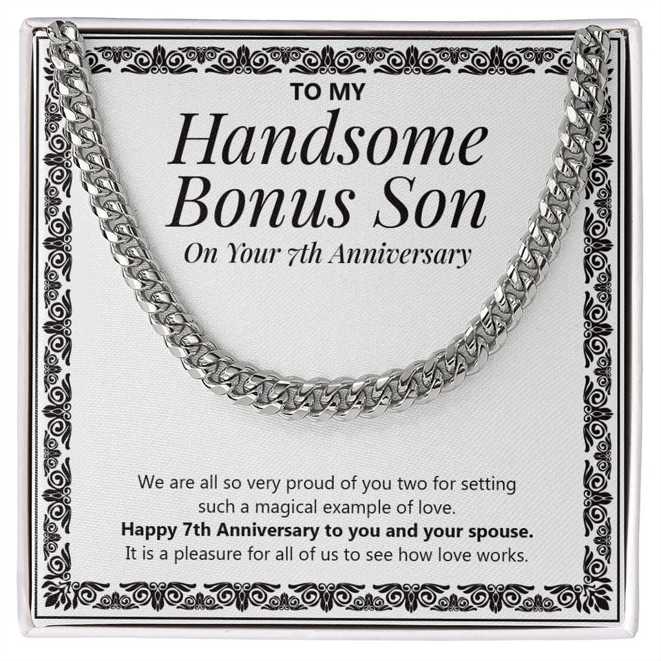 "Pleasure For All Of Us" Handsome Bonus Son 7th Wedding Anniversary Necklace Gift From Mom Dad Cuban Link Chain Jewelry Box