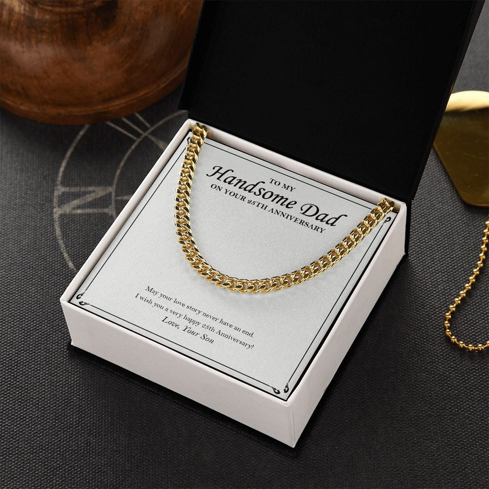 "Love Story Never End" Handsome Dad Silver Wedding Anniversary Necklace Gift From Son Daughter Cuban Link Chain Jewelry Box