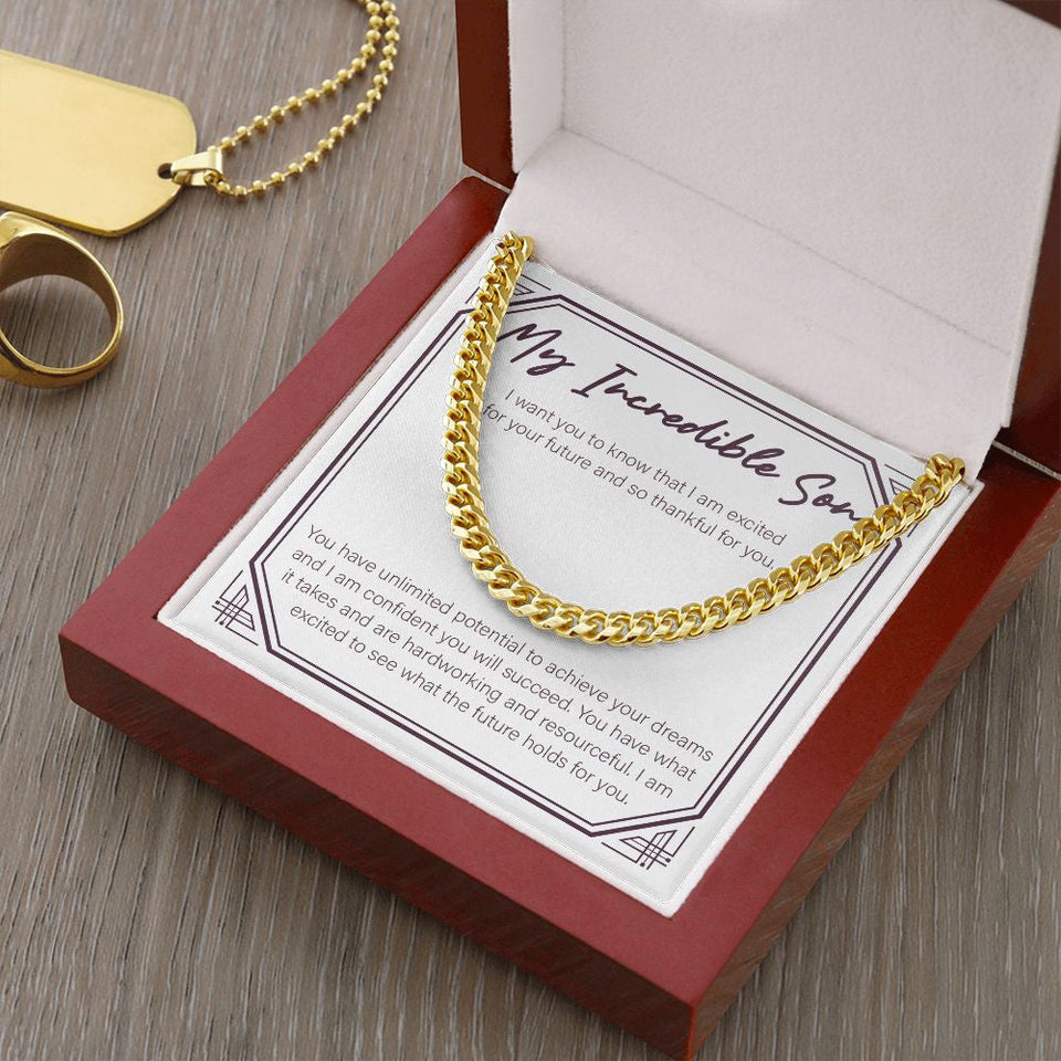 "Excited For Your Future" Incredible Son Necklace Gift From Mom Dad Cuban Link Chain Jewelry Box Birthday Graduation Christmas Wedding