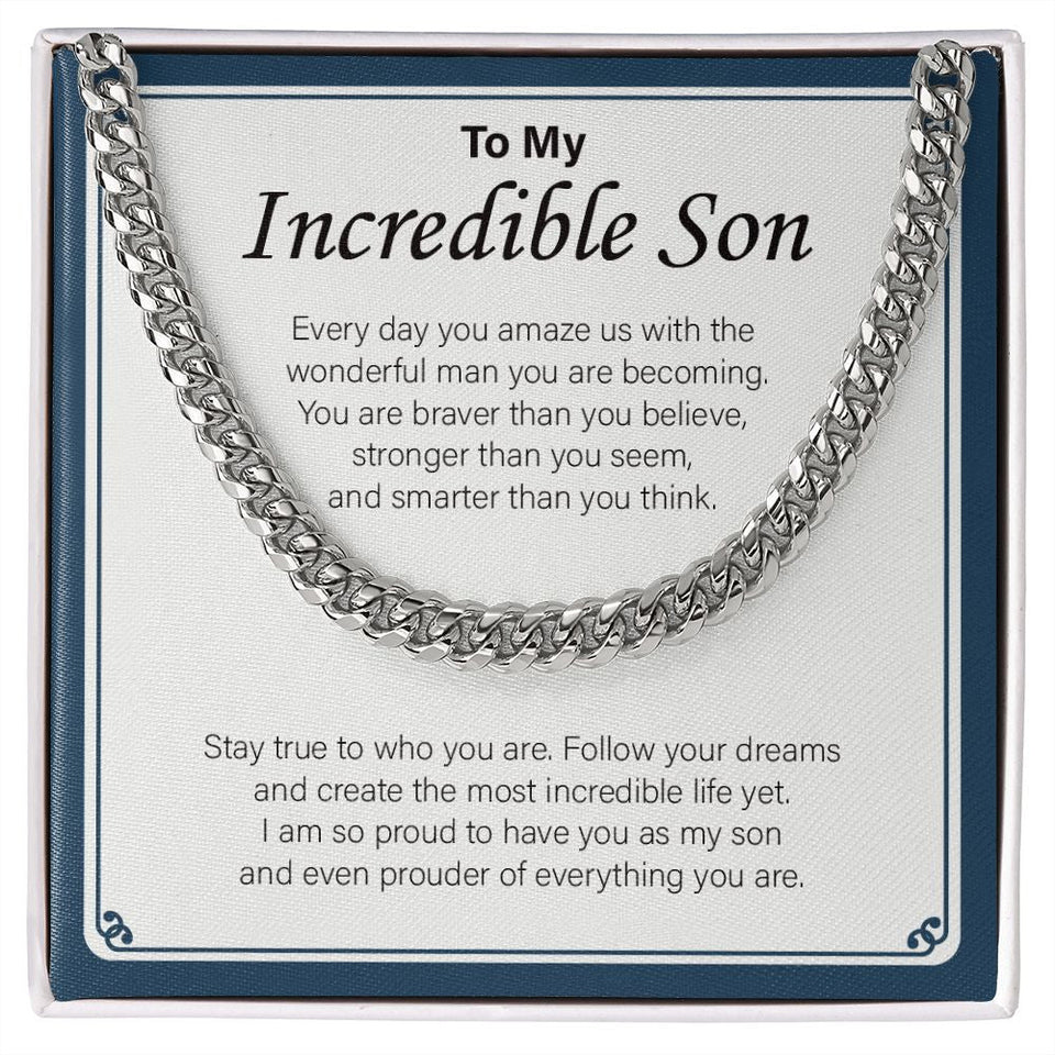 "Wonderful Man You Are Becoming" Incredible Son Necklace Gift From Mom Dad Cuban Link Chain Jewelry Box Birthday Graduation Christmas New Year