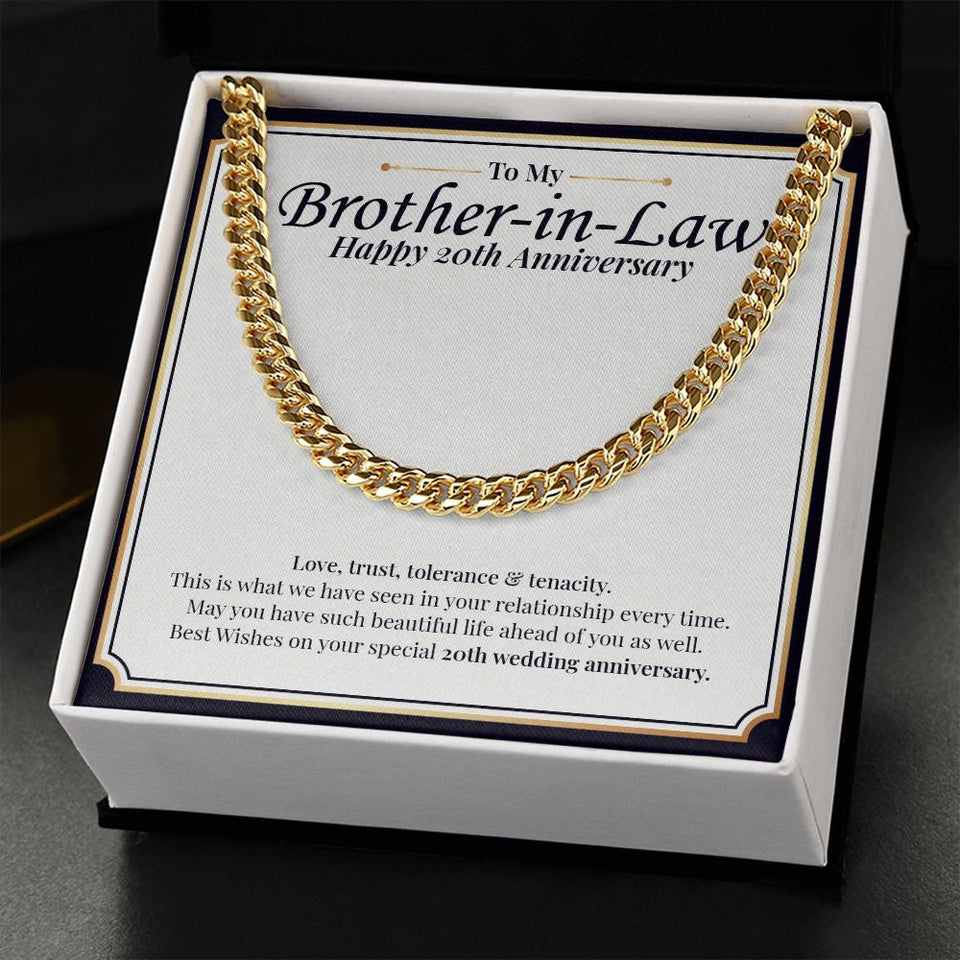 "Love, Trust, Tolerance" Brother In Law 20th Wedding Anniversary Necklace Gift From Sister-In-Law Brother-In-Law Cuban Link Chain Jewelry Box