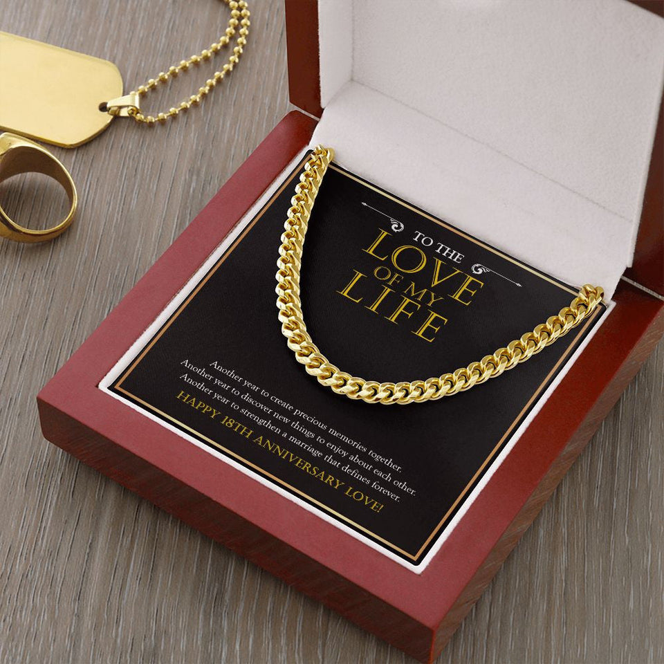 "Another Year To Stengthen" Husband Love Of My Life 18th Wedding Anniversary Necklace Gift From Wife Cuban Link Chain Jewelry Box