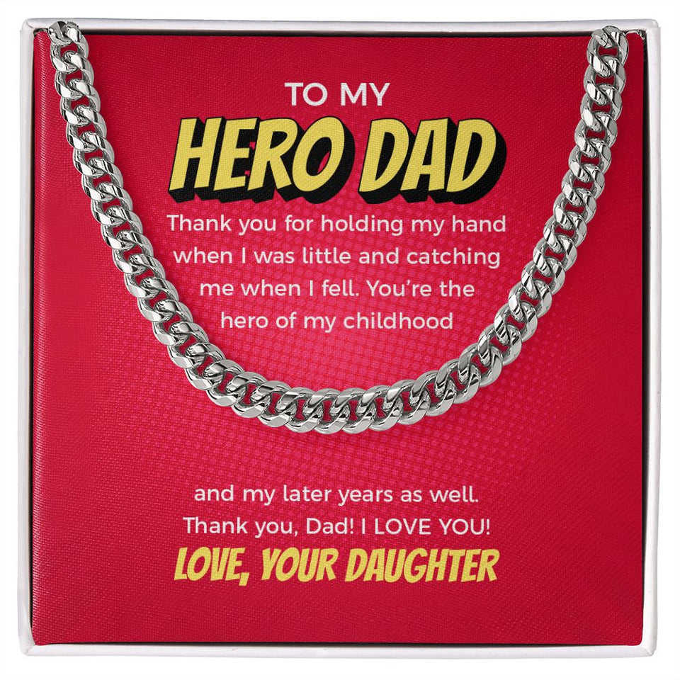 "Hero of my Childhood" Hero Dad Necklace Gift From Daughter Son Cuban Link Chain Jewelry Box Fathers Day Birthday Christmas Valentines