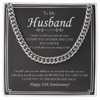 "Love You Longer" Husband Silver Wedding Anniversary Necklace Gift From Wife Cuban Link Chain Jewelry Box