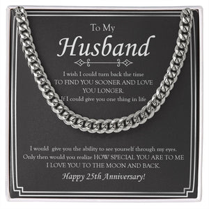 "Love You Longer" Husband Silver Wedding Anniversary Necklace Gift From Wife Cuban Link Chain Jewelry Box