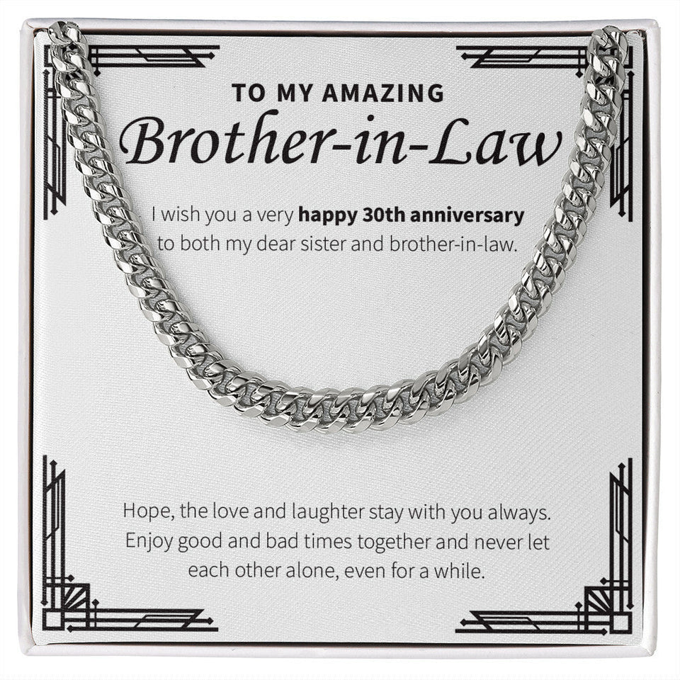 "Love And Laughter Stays With You" Amazing Brother In Law 30th Wedding Anniversary Necklace Gift From Sister-In-Law Brother-In-Law Cuban Link Chain Jewelry Box