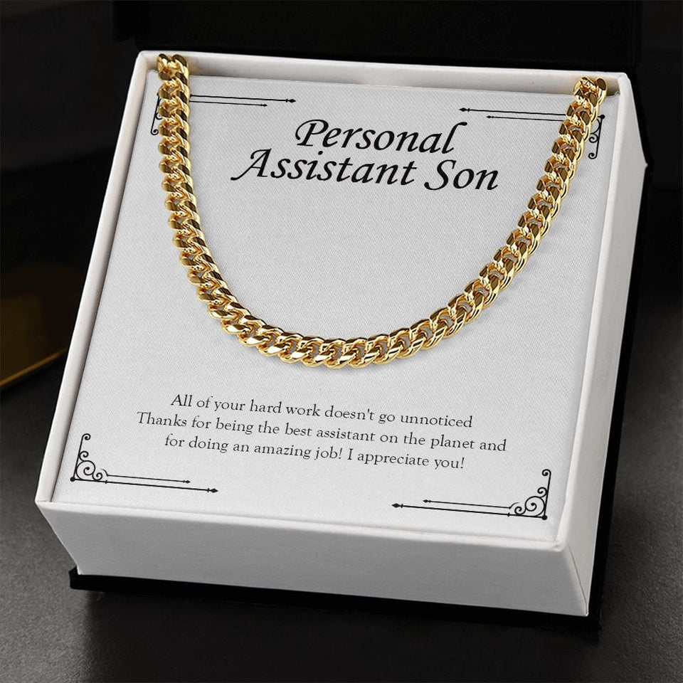 "Work Doesn't Go Unnoticed" Personal Assistant Son Necklace Gift From Mom Dad Cuban Link Chain Jewelry Box Birthday Work Anniversary Christmas