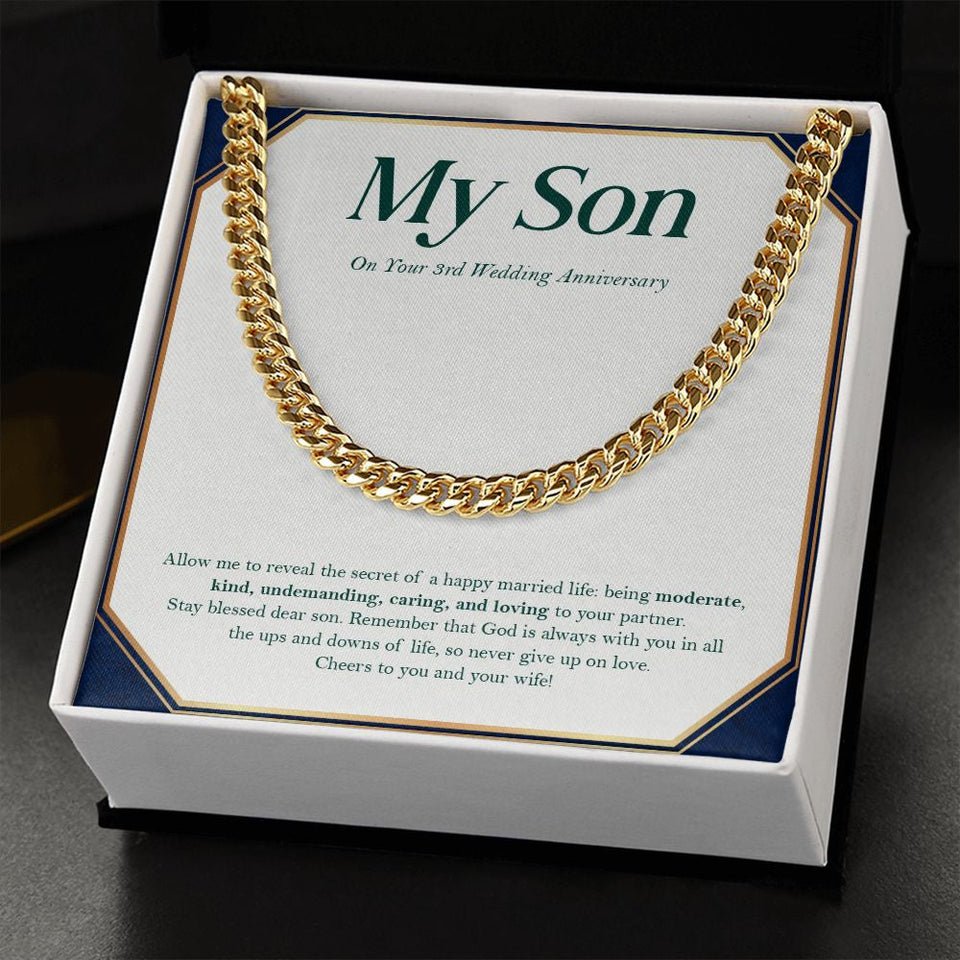 "Being Blessed" Son 3rd Wedding Anniversary Necklace Gift From Mom Dad Parents Cuban Link Chain Jewelry Box