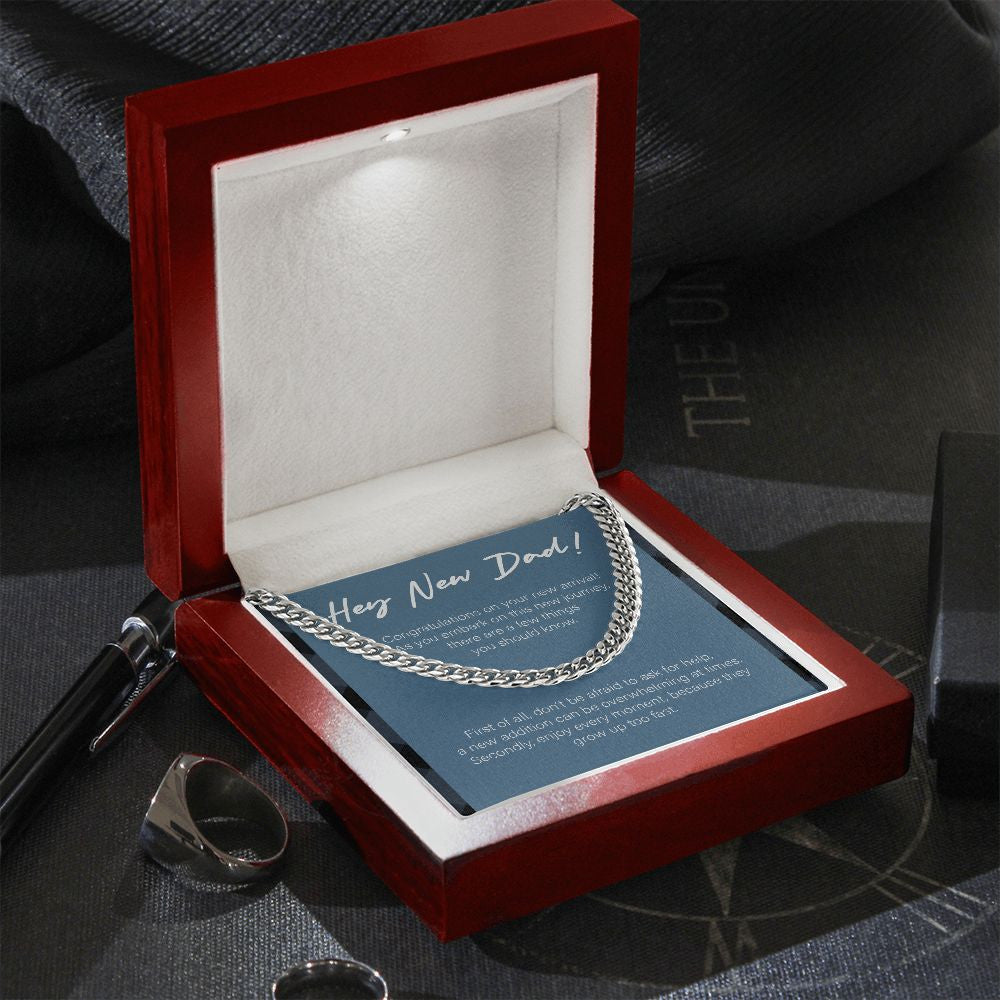 "Embark On New Journey" New Dad Necklace Gift From Friends Family Cuban Link Chain Jewelry Box Baby Shower Pregnancy Announcement Birthday