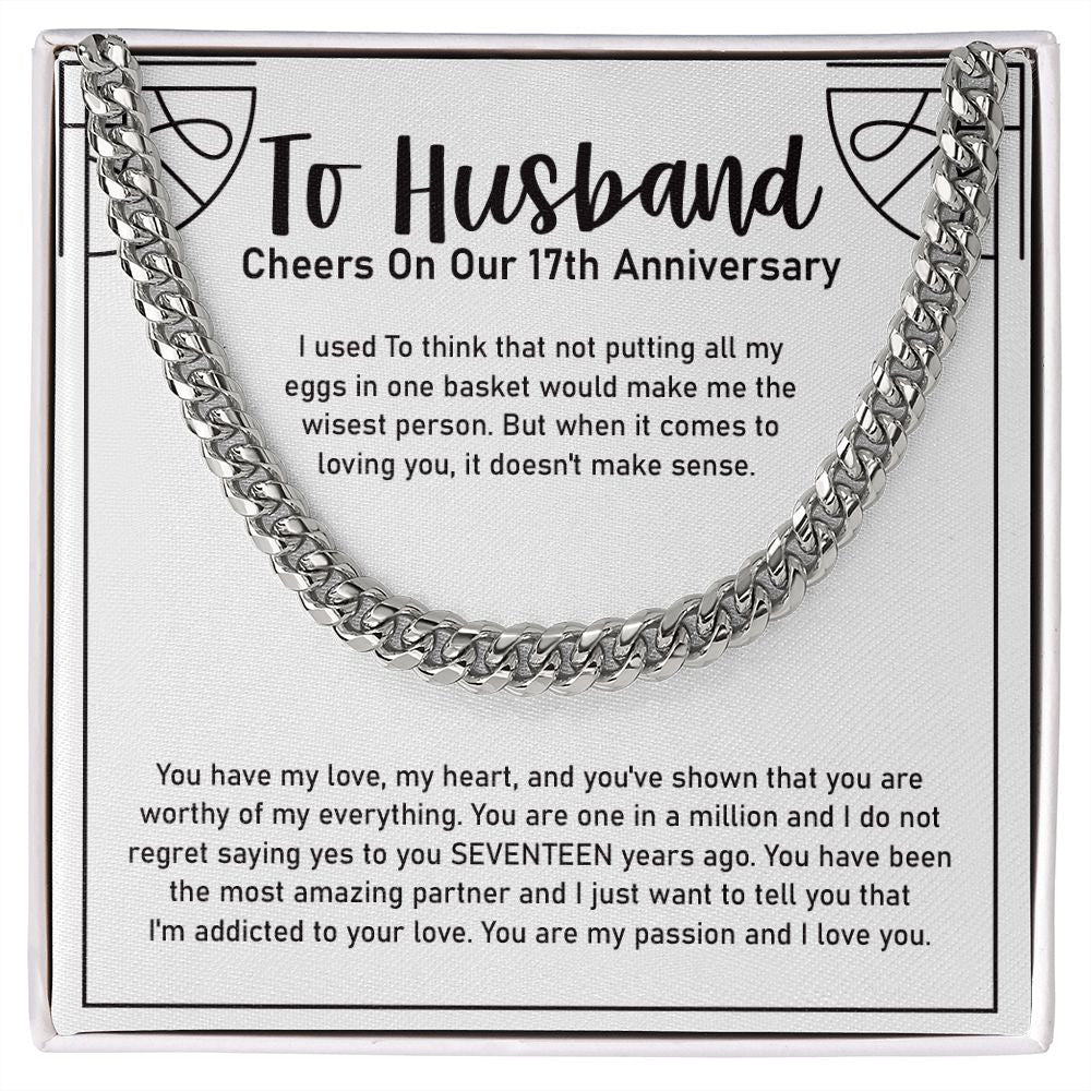 "Eggs In One Basket" Husband 16th Wedding Anniversary Necklace Gift From Wife Cuban Link Chain Jewelry Box