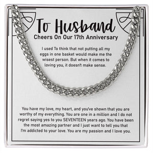 "Eggs In One Basket" Husband 16th Wedding Anniversary Necklace Gift From Wife Cuban Link Chain Jewelry Box