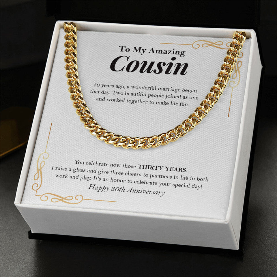 "Raise A Glass" Amazing Cousin 30th Wedding Anniversary Necklace Gift Cuban Link Chain Jewelry Box