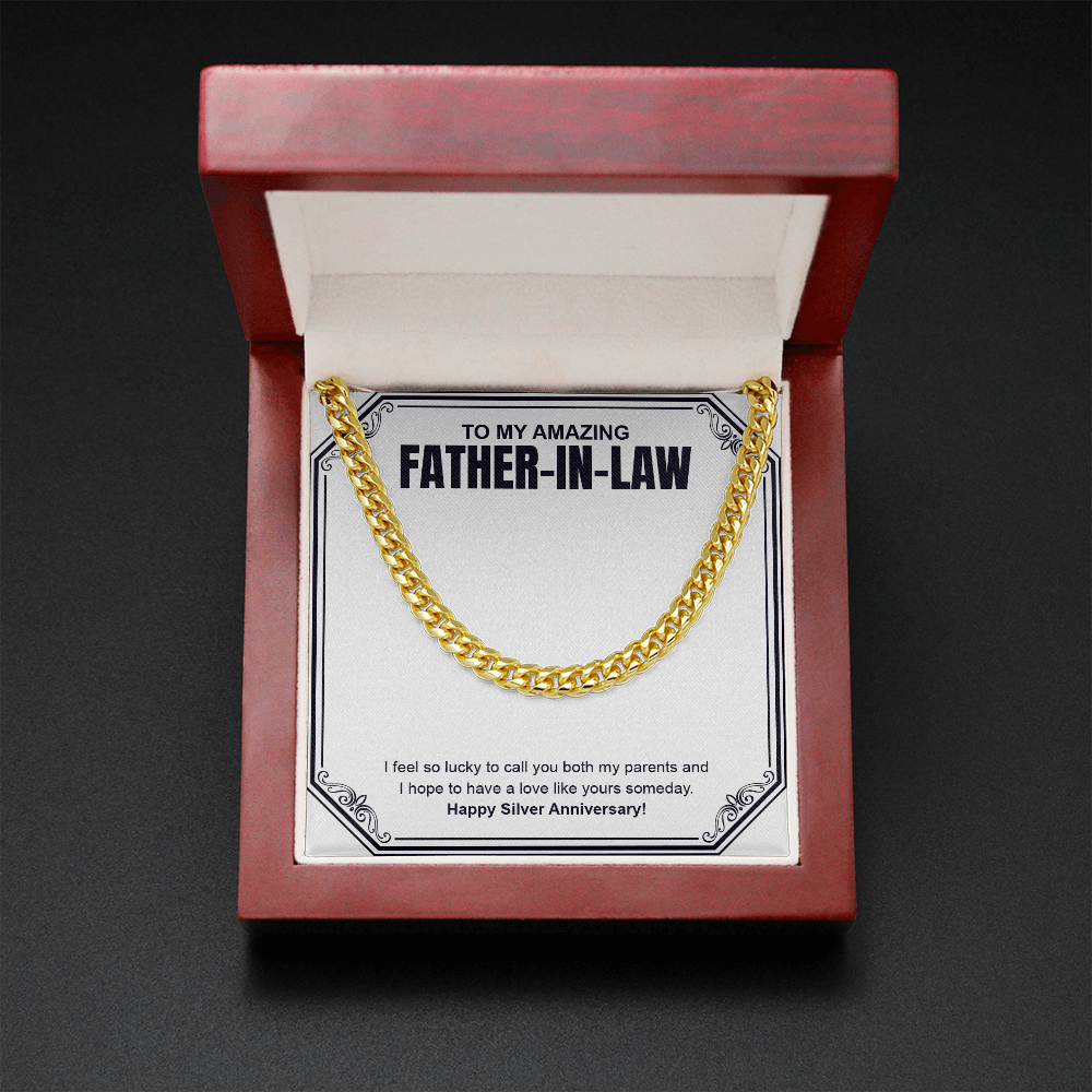 "I Feel So Lucky" Father In Law Silver Wedding Anniversary Necklace Gift From Daughter-In-Law Son-In-Law Cuban Link Chain Jewelry Box