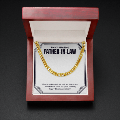 "I Feel So Lucky" Father In Law Silver Wedding Anniversary Necklace Gift From Daughter-In-Law Son-In-Law Cuban Link Chain Jewelry Box