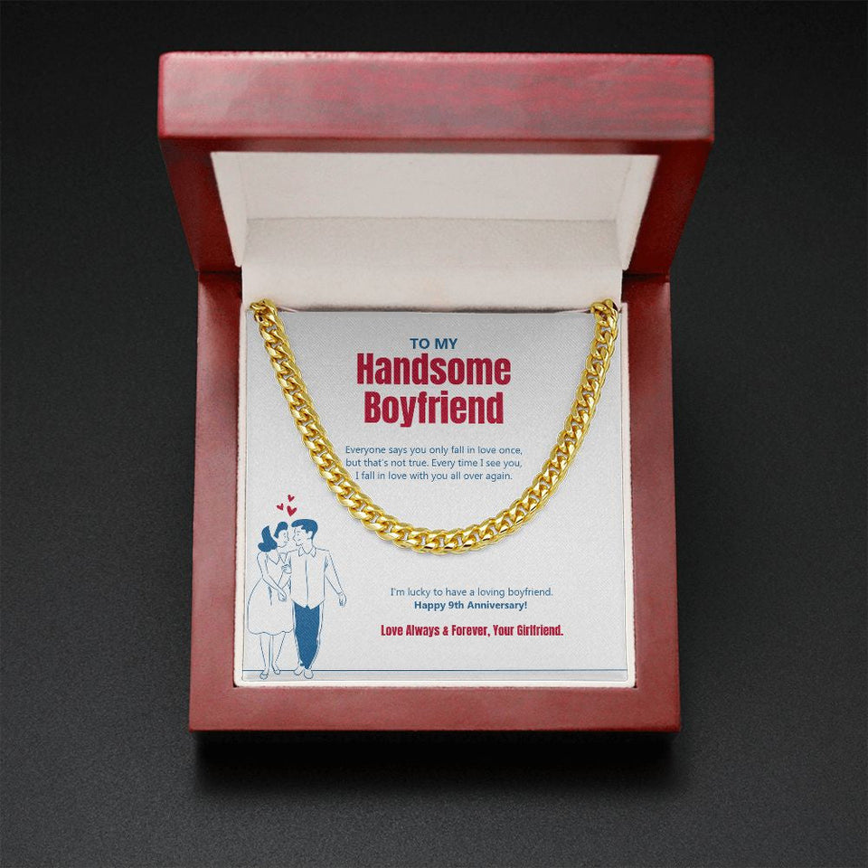 "Fall In Love Again" Handsome Boyfriend 9th Anniversary Necklace Gift From Girlfriend Cuban Link Chain Jewelry Box