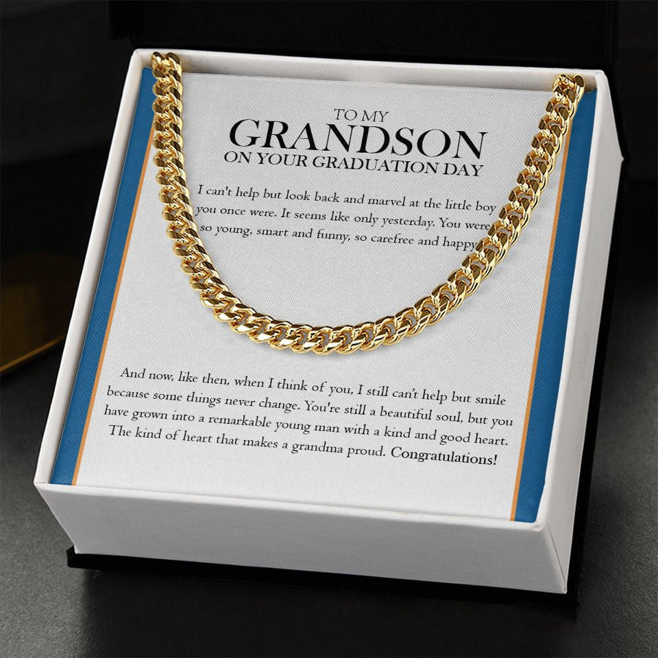 "A Remarkable Young Man" Grandson Graduation Necklace Gift From Grandma Cuban Link Chain Jewelry Box