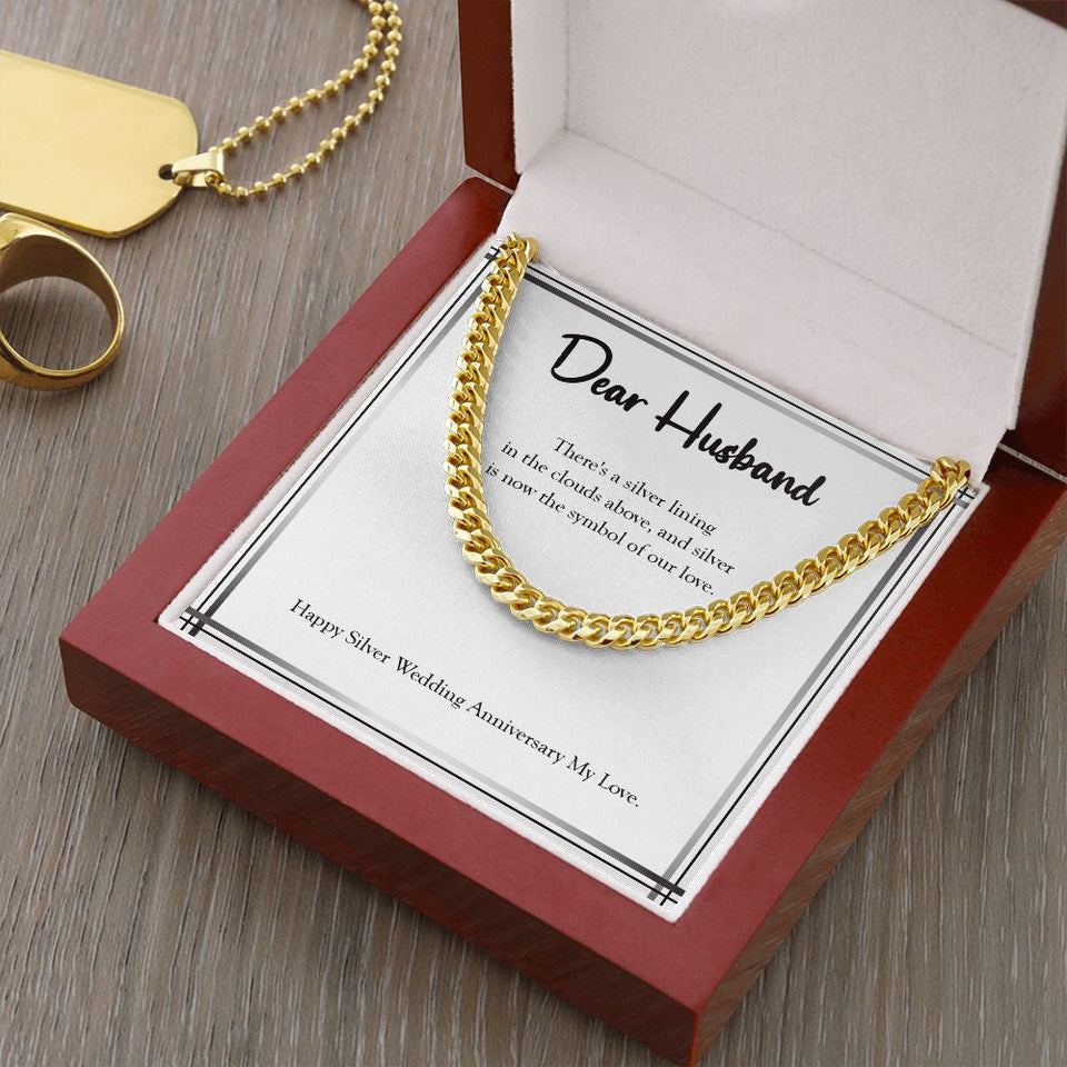 "Silver Lining" Husband Silver Wedding Anniversary Necklace Gift From Wife Cuban Link Chain Jewelry Box