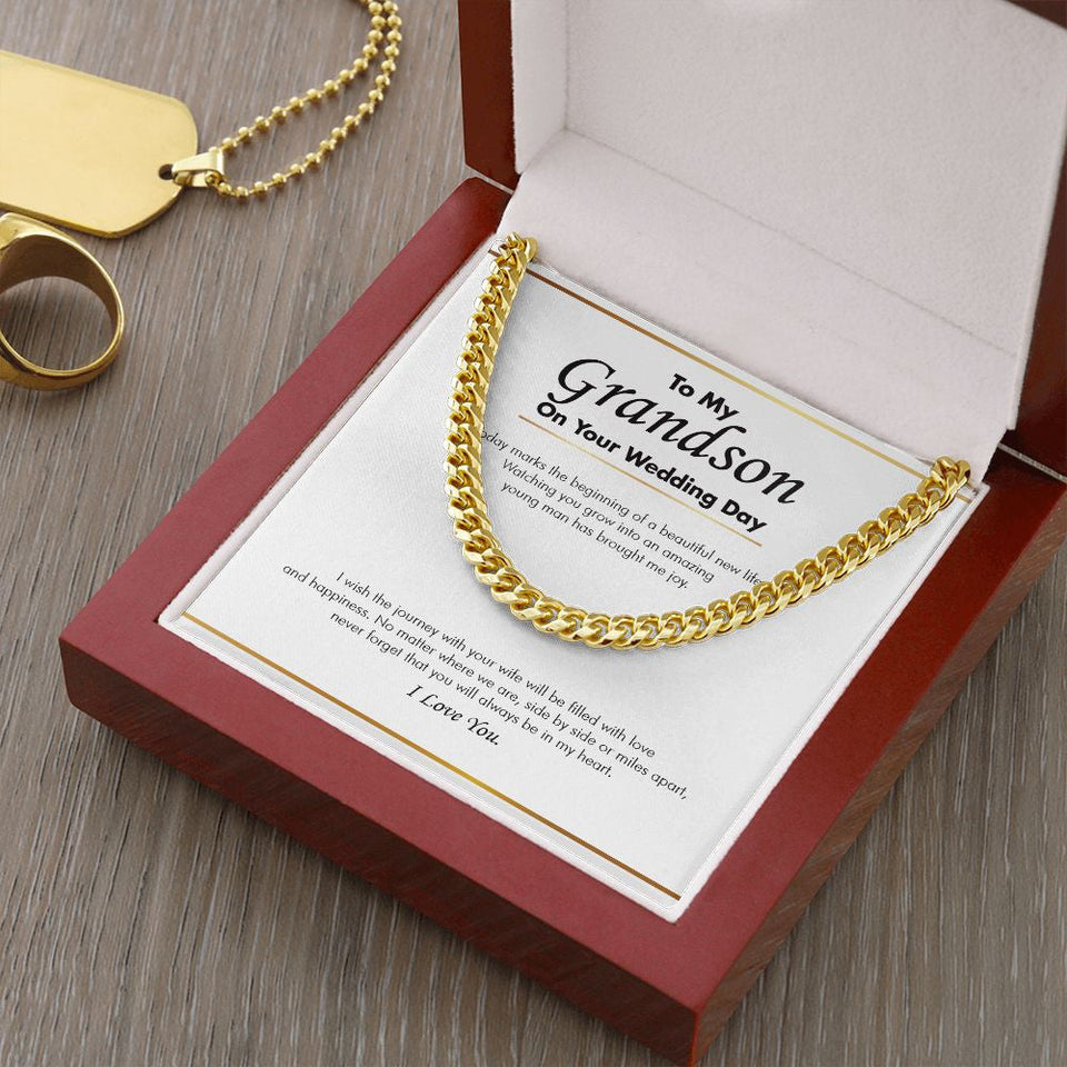 "Beautiful New Life" Grandson Wedding Necklace Gift From Grandparents Grandma Grandpa Cuban Link Chain Jewelry Box