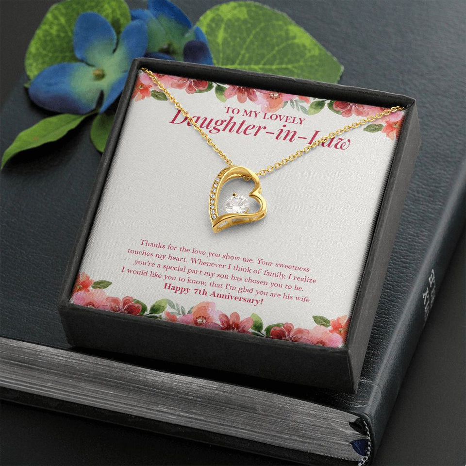 "I Am Glad You Are His Wife" Lovely Daughter In Law 7th Wedding Anniversary Necklace Gift From Mother-In-Law Father-In-Law Forever Love Pendant Jewelry Box