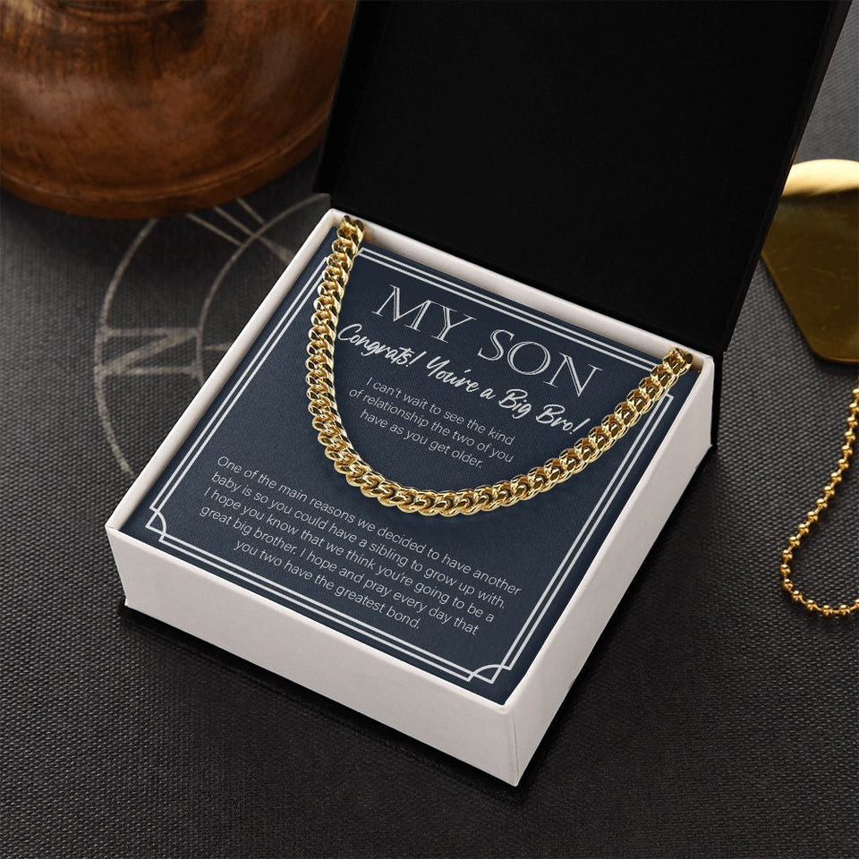 "Sibling To Grow Up With" Son Promoted To Big Bro Necklace Gift From Mom Dad Parents Cuban Link Chain Jewelry Box Birth Announcement Pregnancy Reveal