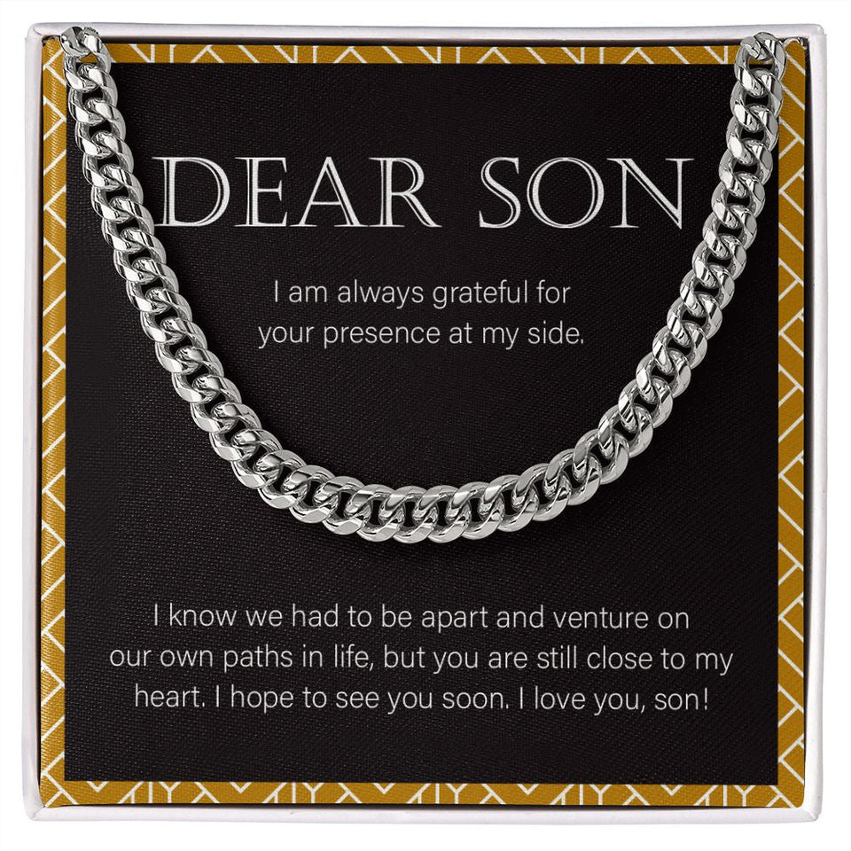 "Close To My Heart" Long-Distance Son Necklace Gift From Mom Dad Cuban Link Chain Jewelry Box Birthday Christmas Graduation Thanksgiving