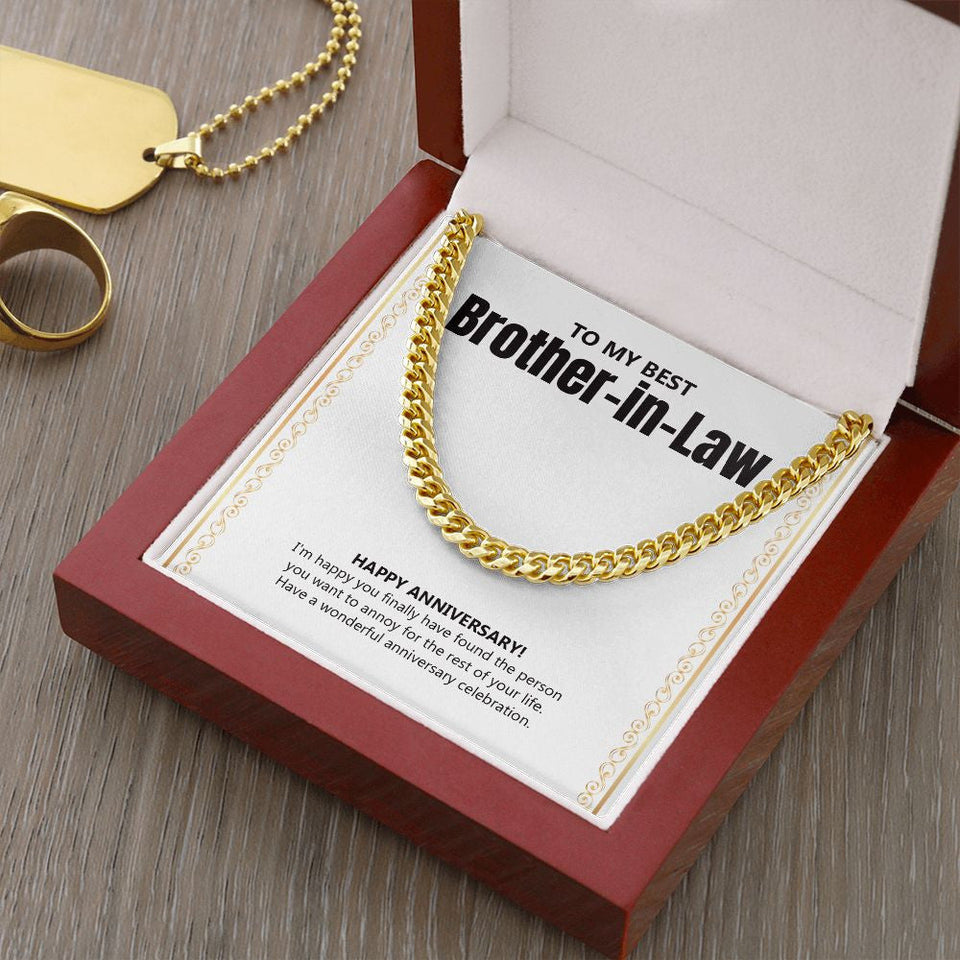 "Person To Annoy For Life" Best Brother In Law Wedding Anniversary Necklace Gift From Sister-In-Law Brother-In-Law Cuban Link Chain Pendant Jewelry Box