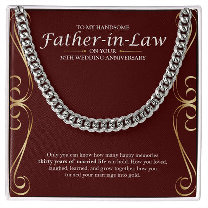 "Thirty Years Of Memories" Handsome Father In Law 30th Wedding Anniversary Necklace Gift From Son-In-Law Daughter-In-Law Cuban Link Chain Jewelry Box
