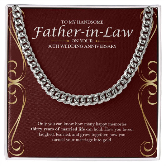"Thirty Years Of Memories" Handsome Father In Law 30th Wedding Anniversary Necklace Gift From Son-In-Law Daughter-In-Law Cuban Link Chain Jewelry Box