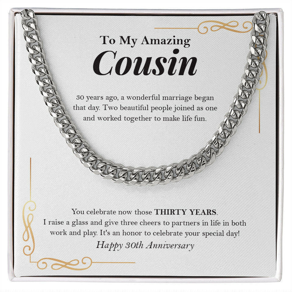 "Raise A Glass" Amazing Cousin 30th Wedding Anniversary Necklace Gift Cuban Link Chain Jewelry Box