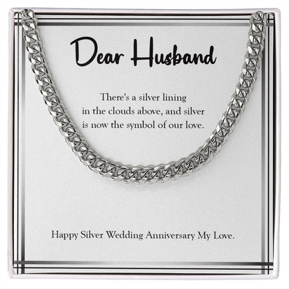 "Silver Lining" Husband Silver Wedding Anniversary Necklace Gift From Wife Cuban Link Chain Jewelry Box