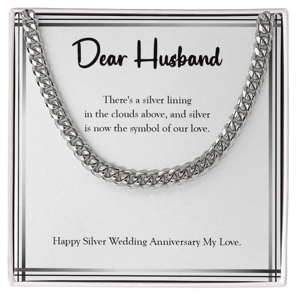 "Silver Lining" Husband Silver Wedding Anniversary Necklace Gift From Wife Cuban Link Chain Jewelry Box