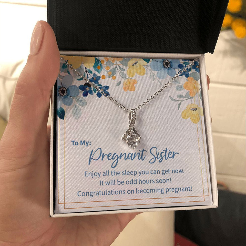 "The Odd Hours" Pregnant Sister Necklace Gift From Brother Sis Sibling Alluring Beauty Pendant Jewelry Box Baby Shower Gender Reveal Birth Announcement