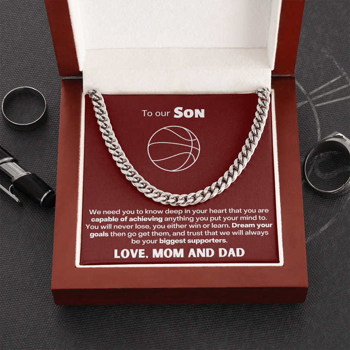 To My Basketball Crazy Son Necklace - Dream Your Goals Then Go Get Them - Cuban Link Chain Necklace