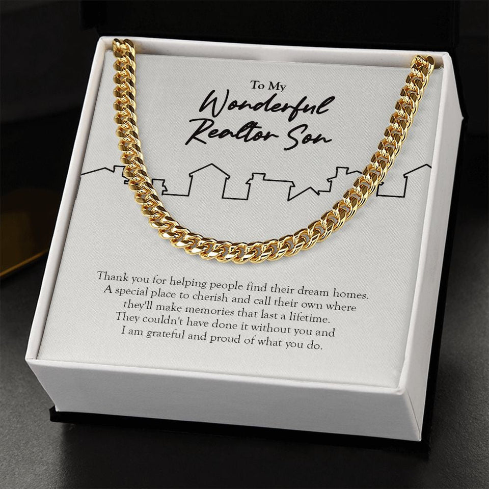 "Find Their Dream Home" Wonderful Realtor Son Necklace Gift From Mom Dad Cuban Link Chain Jewelry Box Job Anniversary Birthday Christmas