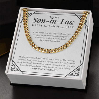 "In Completely Different Ways" Son-In-Law 3rd Wedding Anniversary Necklace Gift From Mother-In-Law Father-In-Law Cuban Link Chain Jewelry Box