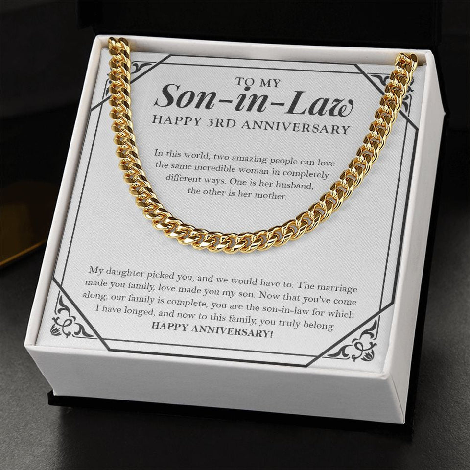 "In Completely Different Ways" Son-In-Law 3rd Wedding Anniversary Necklace Gift From Mother-In-Law Father-In-Law Cuban Link Chain Jewelry Box