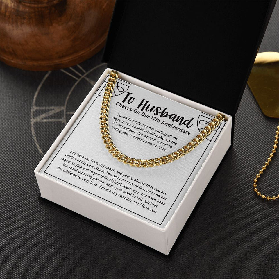 "Eggs In One Basket" Husband 16th Wedding Anniversary Necklace Gift From Wife Cuban Link Chain Jewelry Box