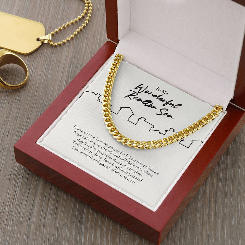 "Find Their Dream Home" Wonderful Realtor Son Necklace Gift From Mom Dad Cuban Link Chain Jewelry Box Job Anniversary Birthday Christmas