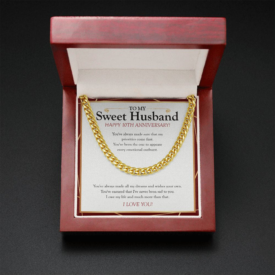 "I Owe My Life To You" Sweet Husband 10th Wedding Anniversary Necklace Gift From Wife Cuban Link Chain Jewelry Box