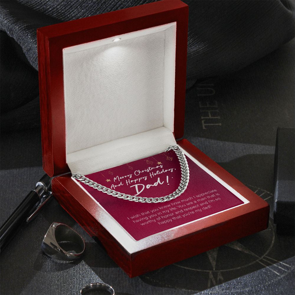 "Man Worthy Of Honor And Respect" Dad Christmas Necklace Gift From Daughter Son Cuban Link Chain Jewelry Box