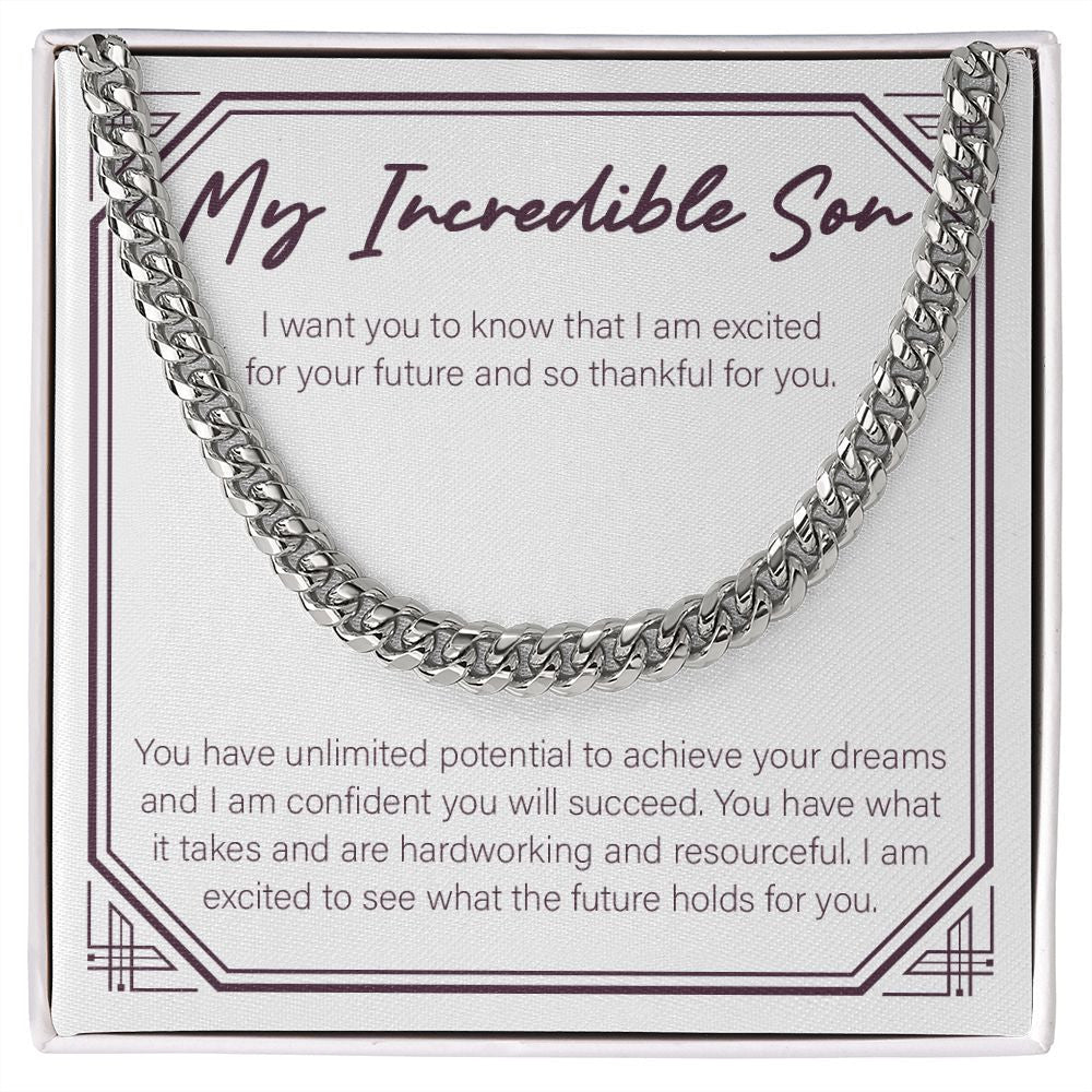 "Excited For Your Future" Incredible Son Necklace Gift From Mom Dad Cuban Link Chain Jewelry Box Birthday Graduation Christmas Wedding