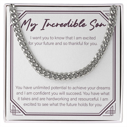 "Excited For Your Future" Incredible Son Necklace Gift From Mom Dad Cuban Link Chain Jewelry Box Birthday Graduation Christmas Wedding