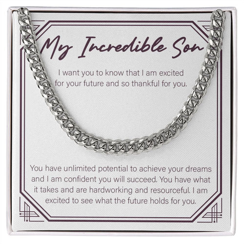 "Excited For Your Future" Incredible Son Necklace Gift From Mom Dad Cuban Link Chain Jewelry Box Birthday Graduation Christmas Wedding