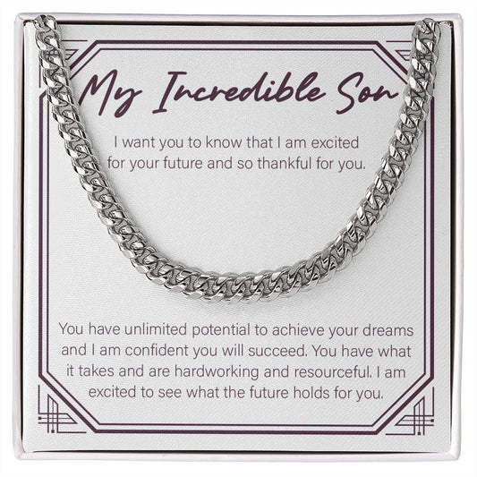 "Excited For Your Future" Incredible Son Necklace Gift From Mom Dad Cuban Link Chain Jewelry Box Birthday Graduation Christmas Wedding