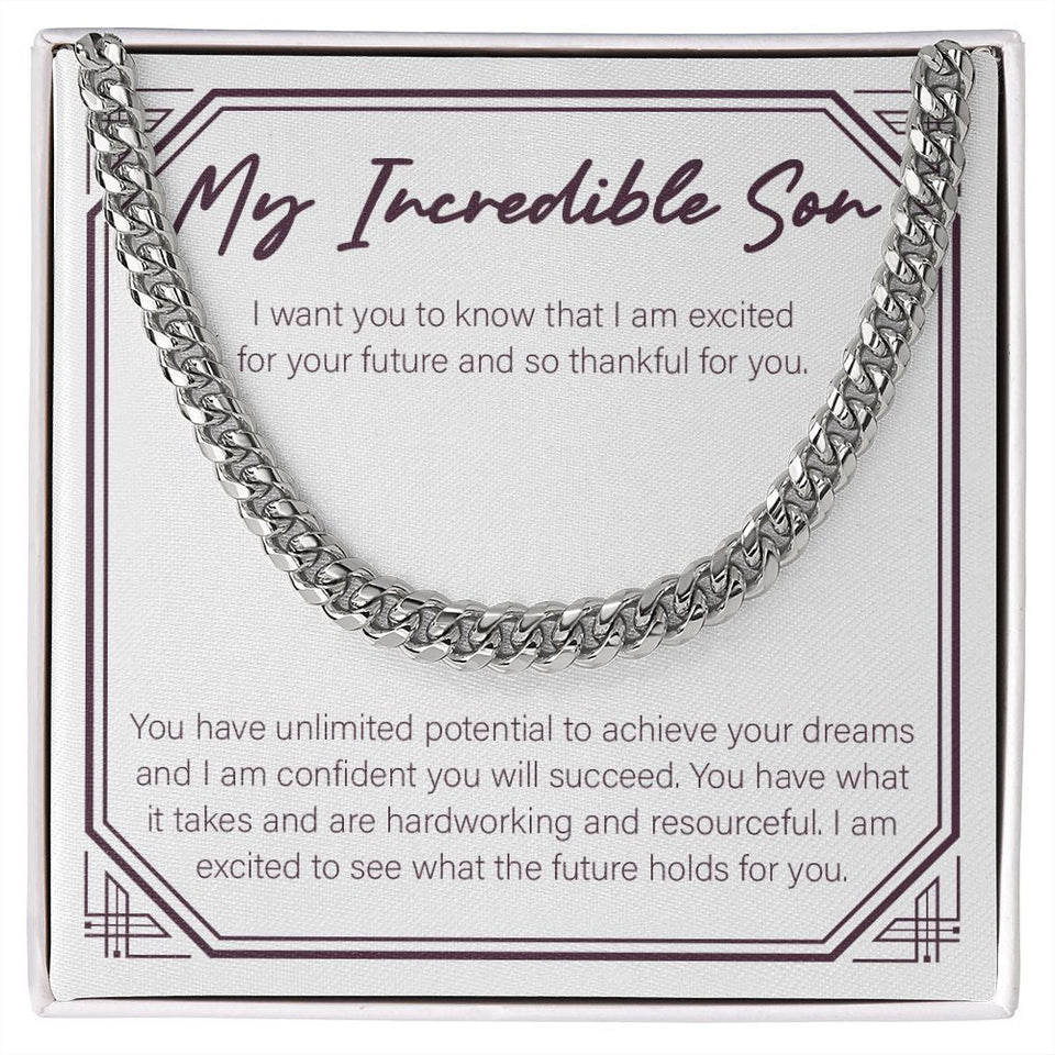 "Excited For Your Future" Incredible Son Necklace Gift From Mom Dad Cuban Link Chain Jewelry Box Birthday Graduation Christmas Wedding