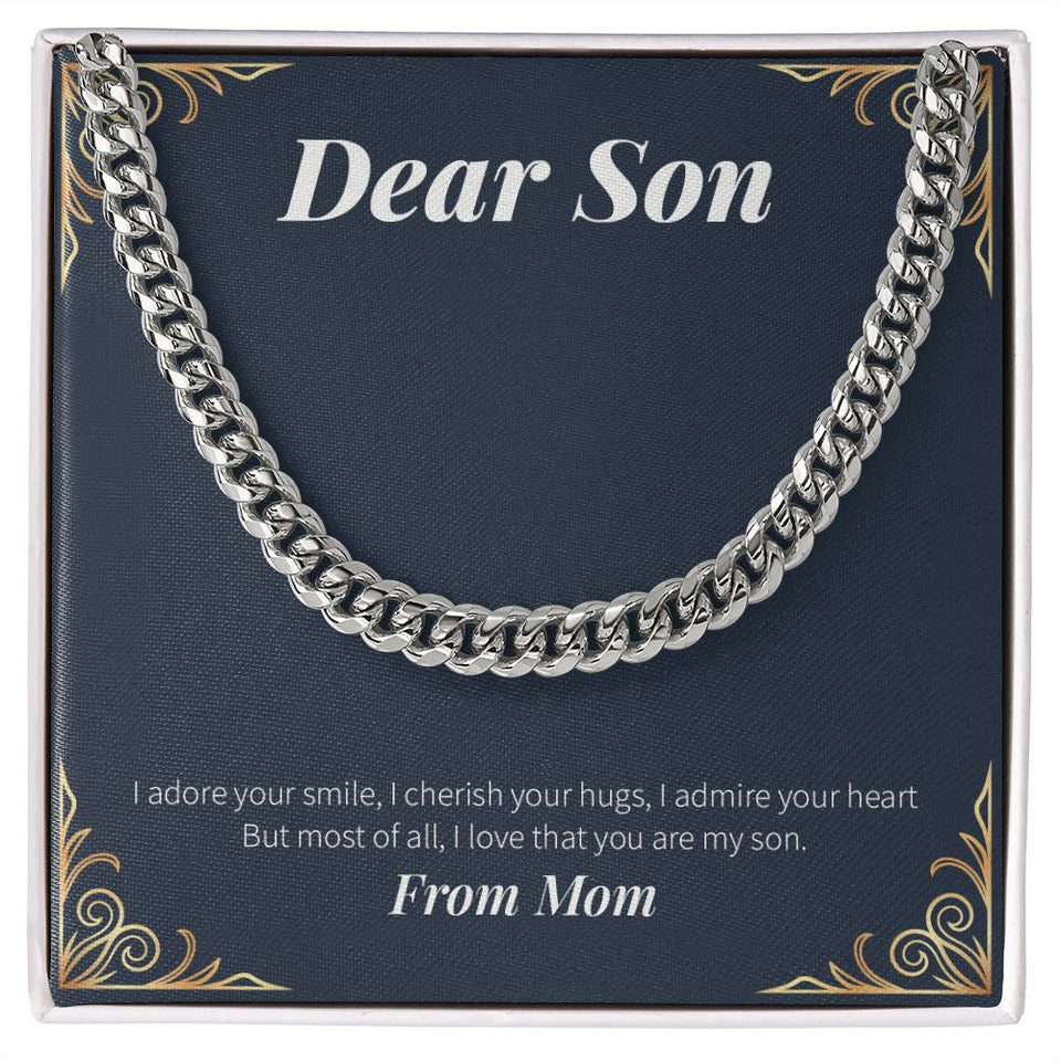 "Adored And Cherished" Son Necklace Gift From Mom Cuban Link Chain Jewelry Box Birthday Graduation Christmas Thanksgiving