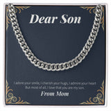 "Adored And Cherished" Son Necklace Gift From Mom Cuban Link Chain Jewelry Box Birthday Graduation Christmas Thanksgiving