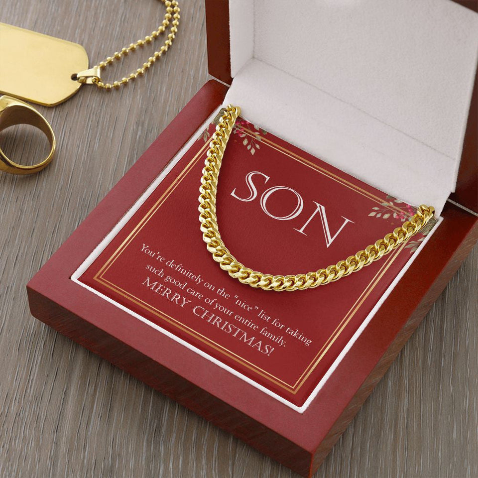 "On The Nice List" Son Christmas Necklace Gift From Mom Dad Cuban Link Chain Jewelry Box