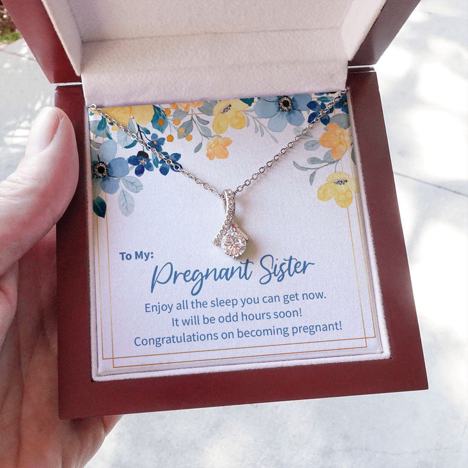 "The Odd Hours" Pregnant Sister Necklace Gift From Brother Sis Sibling Alluring Beauty Pendant Jewelry Box Baby Shower Gender Reveal Birth Announcement